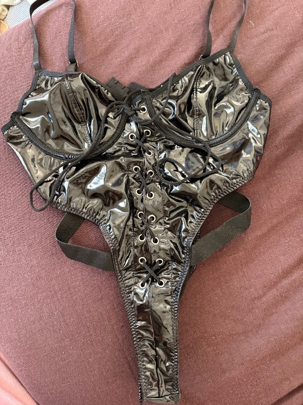 Faux Leather Looking Corset Bodysuit with Cutouts